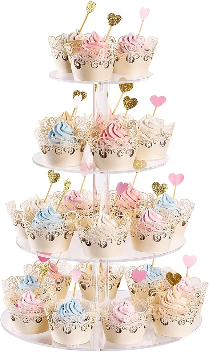Cupcake Stand with Base, 4-Tier Round Acrylic Cupcake Display Stand Dessert Tower Pastry Stand Premium Cupcake Holder for Wedding Birthday Theme Party - Transparent
