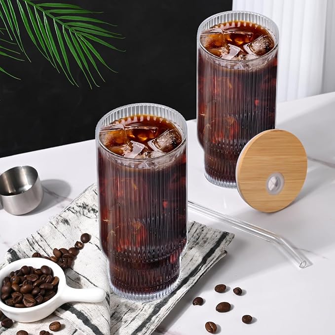 AFINSEA 16OZ Ribbed Glass Cups with Lids and Straws,Iced Coffee Cups with Lid,Vintage Glassware for Whiskey Cocktail Beer Fruit Juice Glasses Tumbler(1Pack)