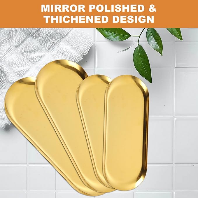 4PCS 304 Stainless Steel Serving Tray Set Gold Platters for Serving Food Large Metal Trays Decorative 12" 9” Long Plate Oval Storage Trays Thickened Serving Dishes for Party Buffet Sushi Snack