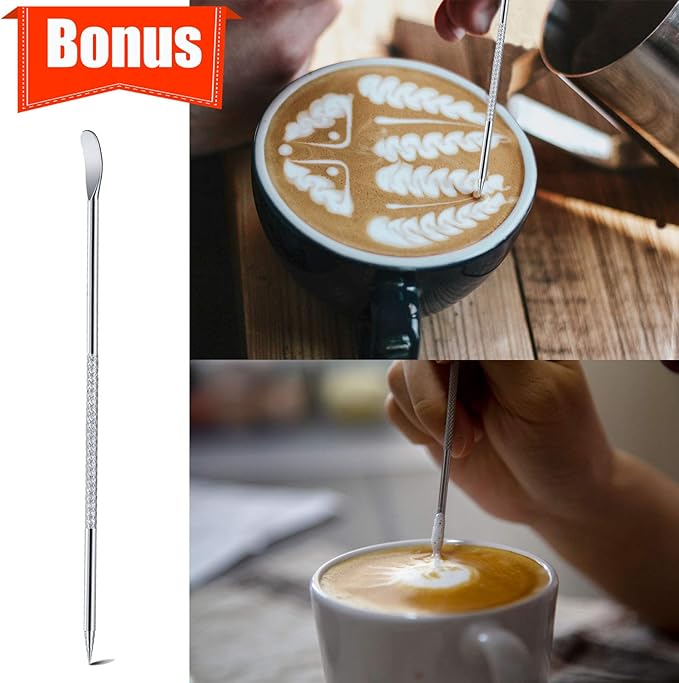 Milk Frothing Pitcher, 12oz Espresso Steaming Pitchers Stainless Steel Cappuccino Coffee Machine Accessories Barista Tools Steam Froth Pitchers Milk Jug Cup with Decorating Pen Latte Art, Matte Black