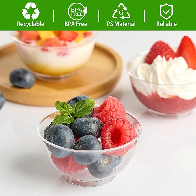 TOFLEN 100ct 2 oz Mini Plastic Dessert Cups, Clear Reusable Tiny Small Party Serving Bowls for Appetizers, Dips, Desserts, Mini Round Hors D'oeuvres Plates