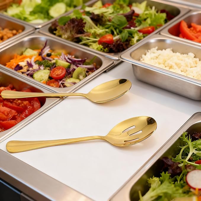 6 Pcs Gold Serving Utensils Set, 8.7 Inch Stainless Steel Gold Serving Spoons, Includes 3 Spoon and 3 Slotted Spoon, Buffet Banquet Large Utensils Cutlery Set, Mirror Polished, Dishwasher Safe