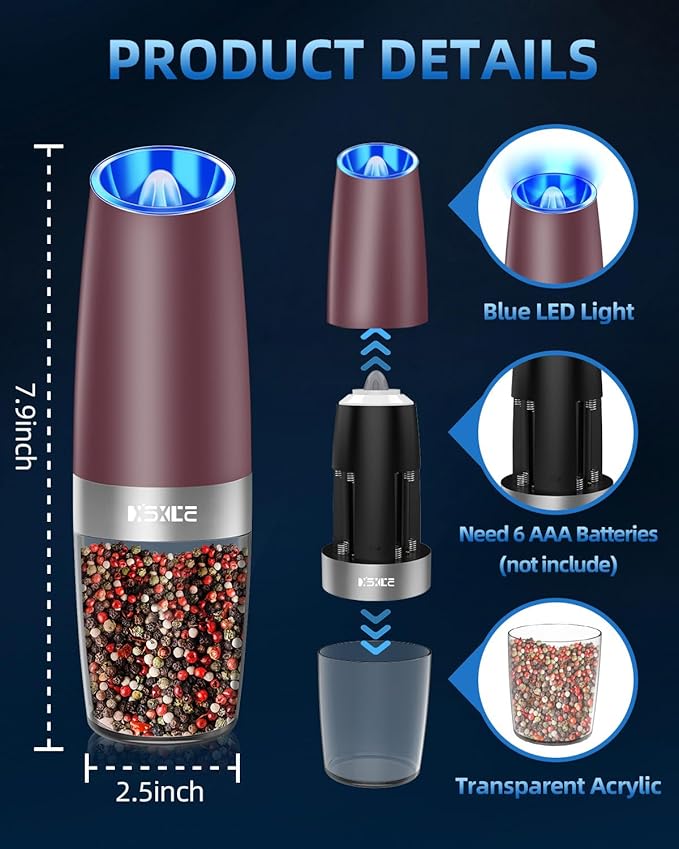 XinXu Gravity Electric Pepper Grinder, Salt or Pepper Mills & Adjustable Coarseness, with LED Light, One Hand Automatic Operation -Set/RoseRed
