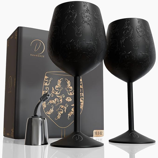 17oz Stainless Steel Wine Glasses [Set of 2] – Etched Matte Black-Plated Royal Goblets with Intricate Baroque Engravings, Unbreakable Cups (BlackMatte_Wine)