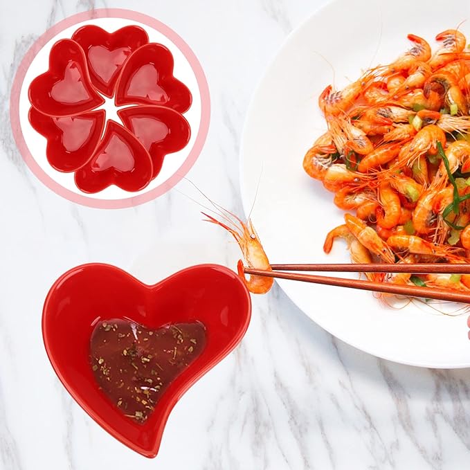 Alipis Heart Dipping Sauce Bowls 6Pcs Red Love Heart Shaped Ceramic Side Dish Bowl Appetizer Plates for Wedding Mothers Day Party
