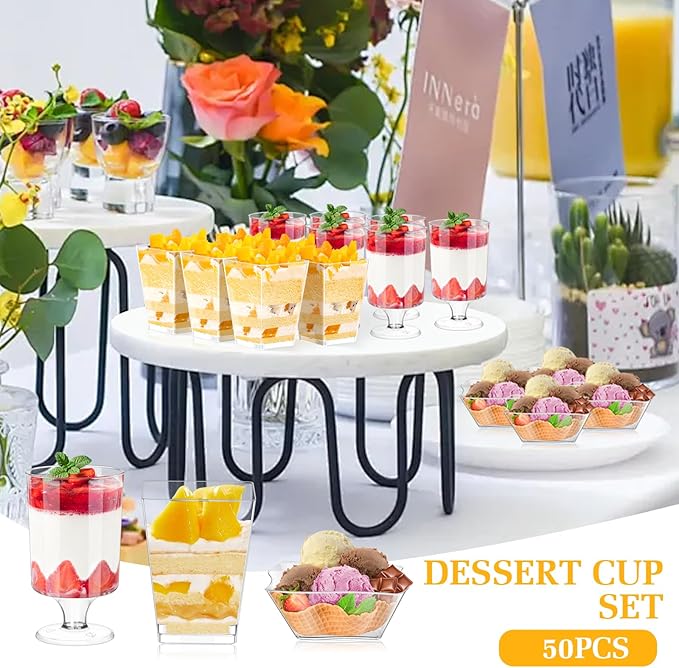 tchrules 300 Packs 5oz Dessert Cups with Spoons, 3 Styles Mini Plastic Appetizer Cups, Clear Parfait Cup for Party, Cake Cups for Tiramisu, Pudding, Snacks, Yogurt, Fruits