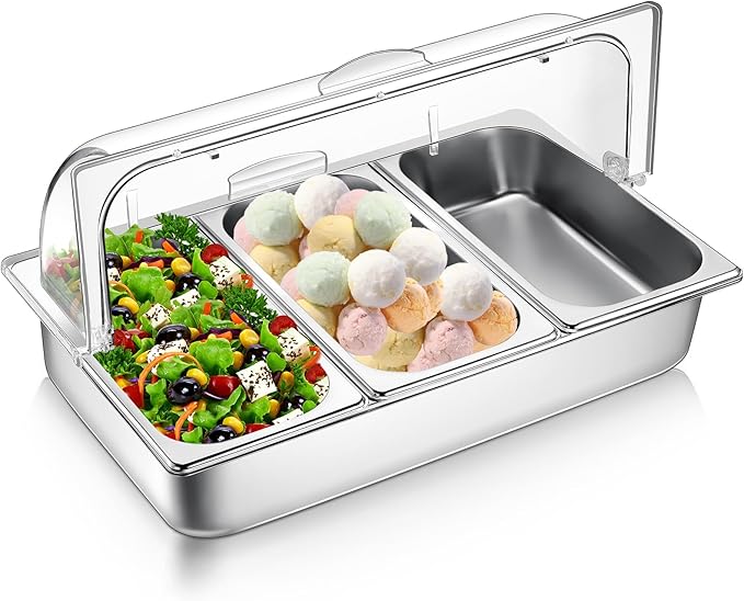 3 Pan Countertop Food Serving Display Container Stainless Steel Pizza Topping Station Display Rack Condiment Dispenser with Clear Roll Top Cover for Buffet Restaurant Hotel Kitchen Party
