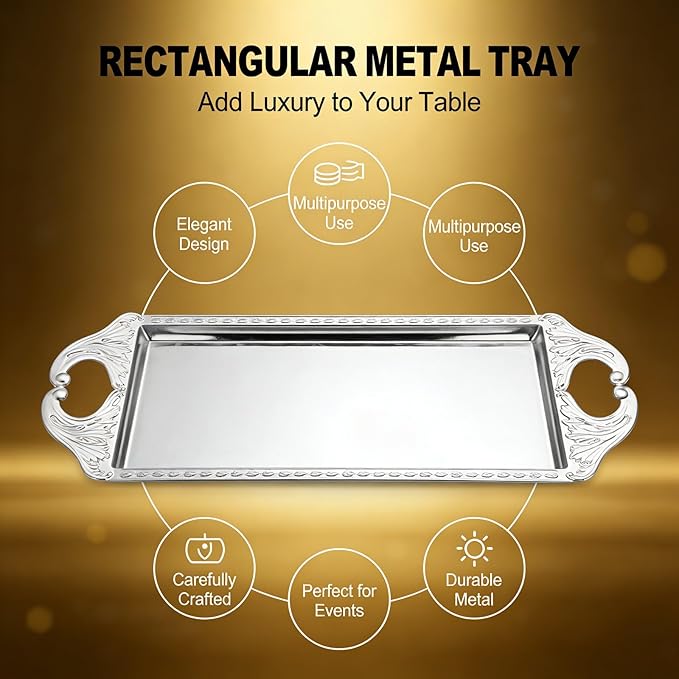 Rectangular Metal Tray, Small Elegant Decorative Serving Tray, Silver - Durable Premium Metal, Multipurpose for Veggie Tray, Coffee Table, Fruit Display