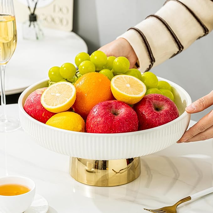 Ceramic Fruit Bowl,11-Inch Large Decorative Bowls,White Pedestal Tray and Gold Base, Fruit Bowl for Kitchen Counter, Bread and Fruit Trays,Salad or Dessert Display Trays for Parties. (XL)