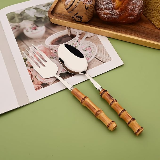 Mirror Polished Silverware Set - Bamboo Handle Cutlery Set - Stainless Steel Flatware Serving Set for Home Restaurant Wedding and Parties - 4 Pieces Serving Utensils