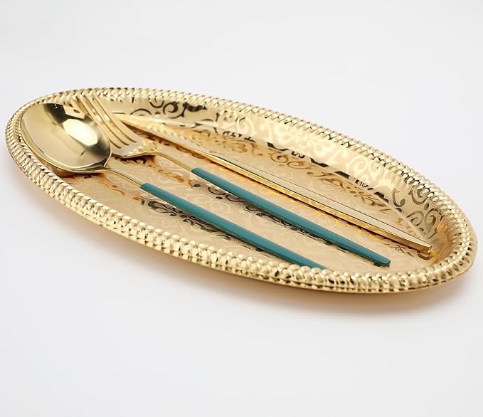 Fermus Set of 2 Oval Metal Tray 11 inches Long Jewelry Dish Cosmetics Organizer Decorative Serving Platter Small Storage Tray Centerpiece for Coffee Table Living Room Kitchen Counter, (2 Pack)