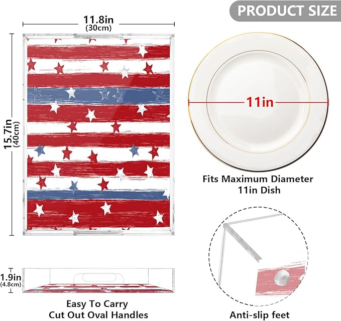 Serving Tray with Handles Clear Acrylic Tray 12x16 Inch Decorative Rectangular Tray Organizer for Ottoman Coffee Table Bathroom Red and Blue Stars Independence Day01
