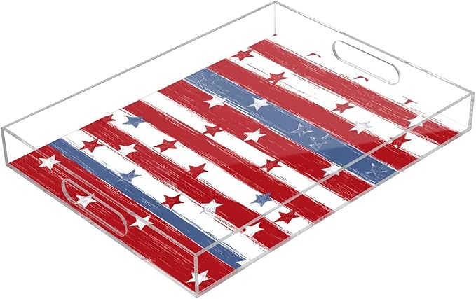 Serving Tray with Handles Clear Acrylic Tray 12x16 Inch Decorative Rectangular Tray Organizer for Ottoman Coffee Table Bathroom Red and Blue Stars Independence Day01