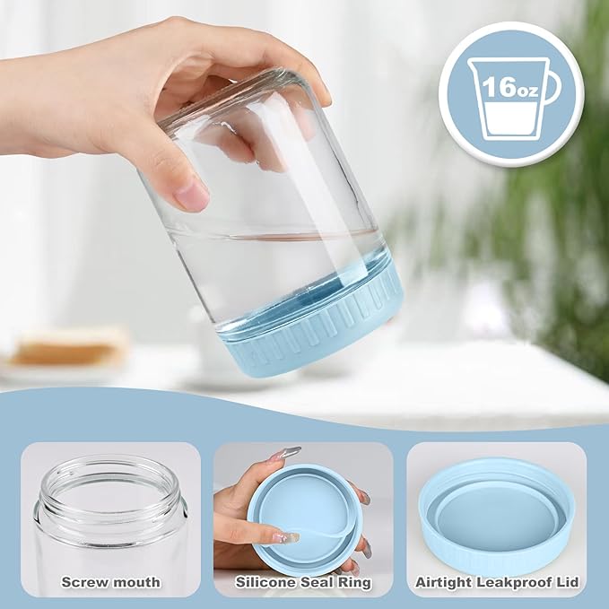 Overnight Oats Containers with Lids, 16oz Glass Jars with Lids 2 pcs, Light Blue, Wide Mouth Mason jars for Salad, Yogurt, Snacks, Meal Prep