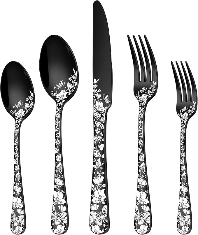 Stapava 40 Pcs Black Silverware Set for 8, Stainless Steel Flatware Cutlery, Include Forks Spoons and Knives, Mirror Polished, Dishwasher Safe Black Utensils for Home Restaurant Hotel