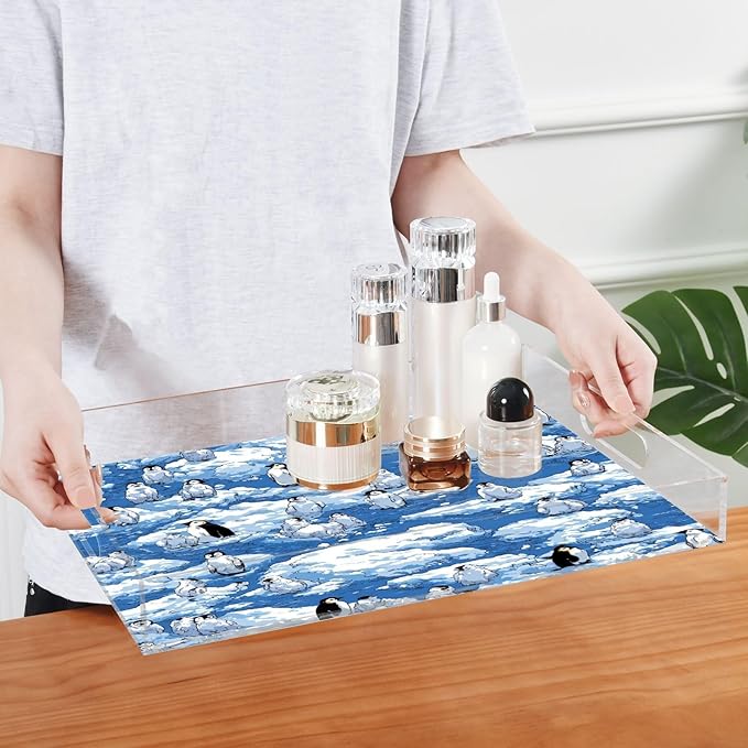 Serving Tray with Handles Clear Acrylic Tray 12x16 Inch Decorative Rectangular Tray Organizer for Ottoman Coffee Table Bathroom Blue Penguins Ice Floes Snow Water