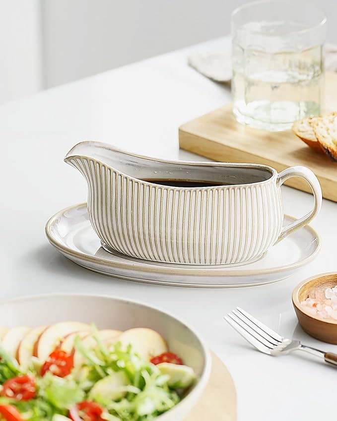 Getstar Gravy Boat with Saucer, Cranberry Sauce Dish Thanksgiving, Ceramic Gravy Dish Bowl, Microwave & Dishwasher Safe (2 Pieces)