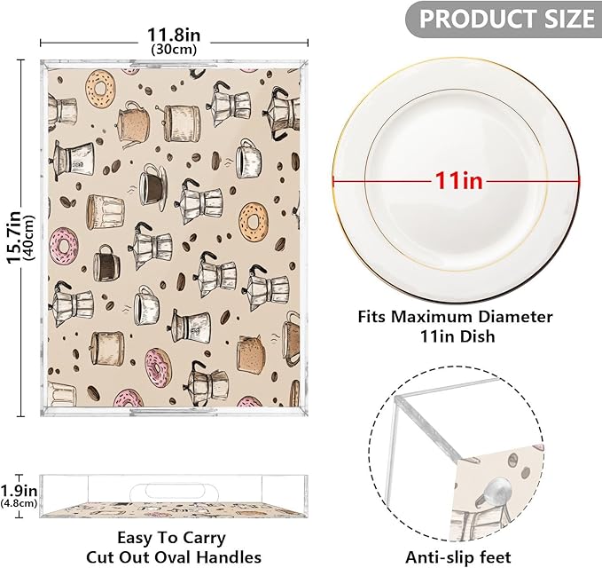 Serving Tray with Handles Clear Acrylic Tray 12x16 Inch Decorative Rectangular Tray Organizer for Ottoman Coffee Table Bathroom Beige Donut Coffee Cups and Moka Pots