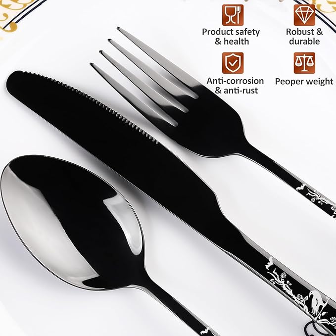40-Piece Black Skull Silverware Set for 8, Flatware Set Stainless Steel Spoons,Forks,Knife Pattern Unique Design Utensil Sets Tableware Cutlery, Mirror Polished, Dishwasher Safe