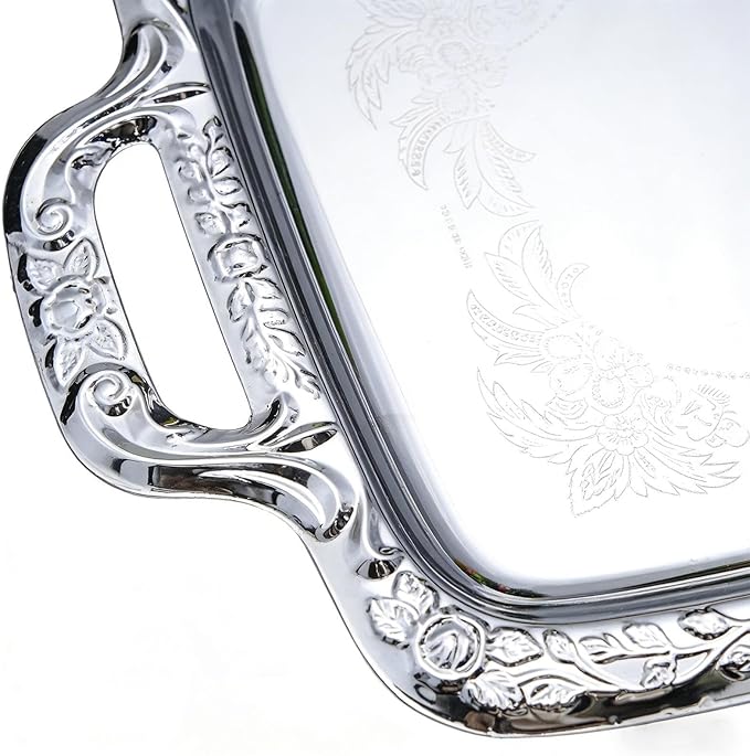 Silver Serving Tray with Handles, Sturdy Design, 39x23x1.7cm, Vintage Floral Metal Silver Platter, Metal Food Tray, Easy to Clean, for Candy Bread Cake Charcuterie Home Kitchen