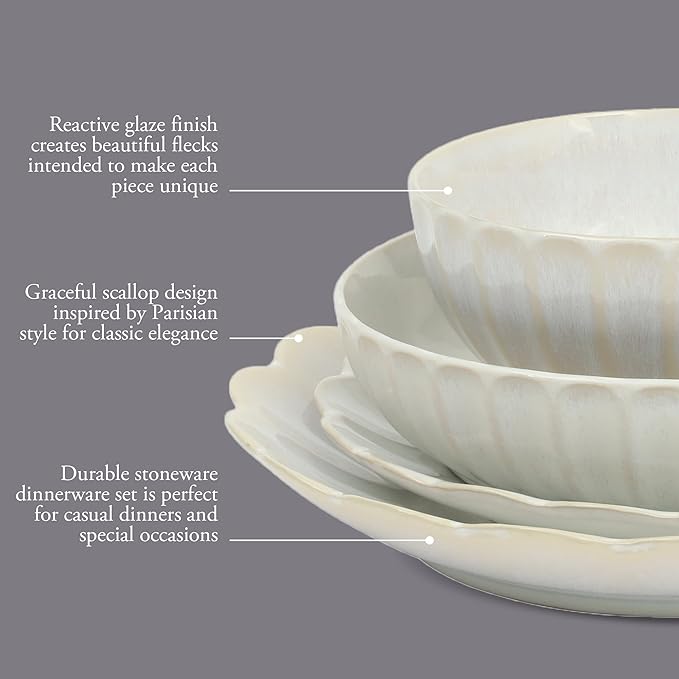 Gibson Elite Malibu Shore 16 Piece Scallop Stoneware Reactive Glaze (Service for 4) Ceramic Plates and Bowls Dinnerware Set - Shiny Cream White