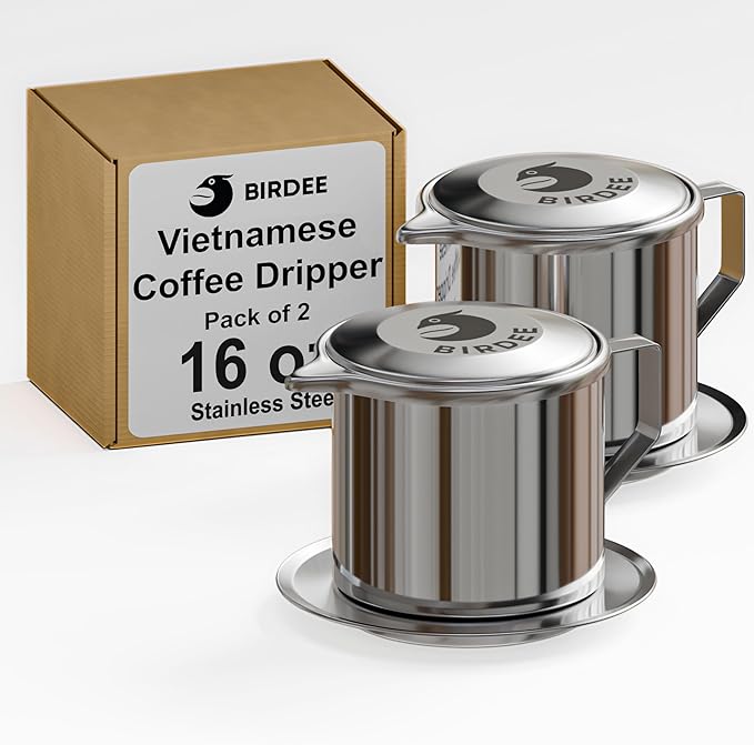 Birdee Vietnamese Coffee Dripper - 16oz (Pack of 2), Stainless Steel, Large Drip Filter, Durable, Dishwasher Safe, Home Use, Travel, Camping, Gift Sets