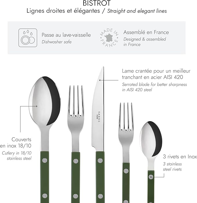 SABRE PARIS - 5-Piece Flatware Set - Bistrot Collection - Knife, Fork, Soup Spoon, Teaspoon & Dessert Fork - Stainless Steel & Nylon - Dishwasher Safe - Green - Brilliant Finish