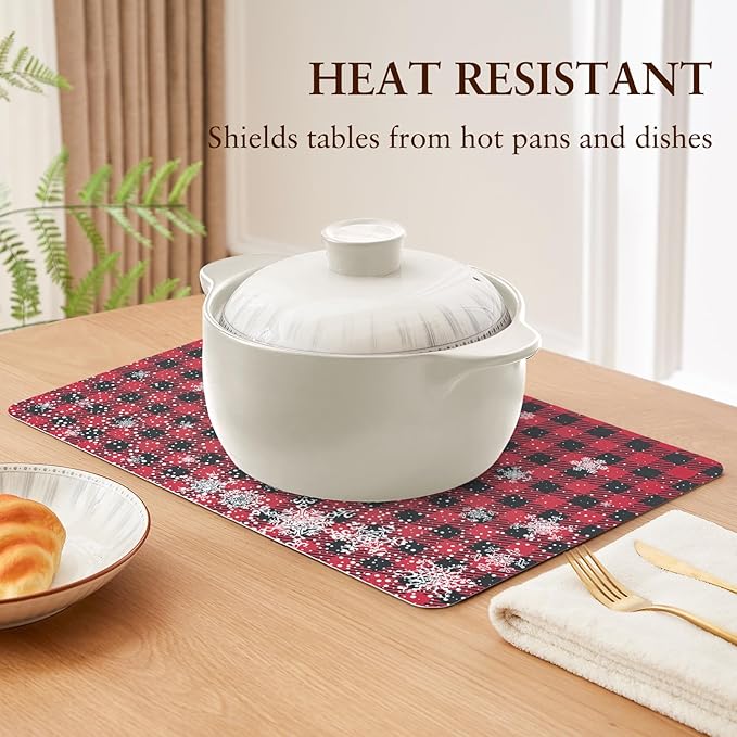 QIYI Christmas Placemats Set of 6, 12x18 Inch PU Leather Place Mats for Kitchen Dinning, Heat Resistant Anti Slip Winter Table Mats, Waterproof Wipeable Placemat Party Décor, Buffalo Plaid Snowflakes