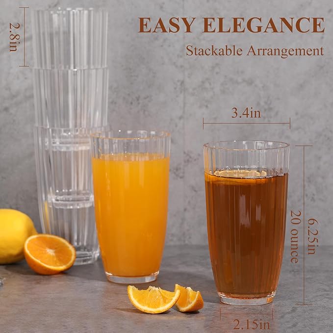 AKMQYM Acrylic Clear Highball Plastic Cups | Plastic Reusable Tumblers 20oz (Set of 6) | Stackable | BPA-free Tumblers | Shatterproof | Top-rack Dishwasher Safe