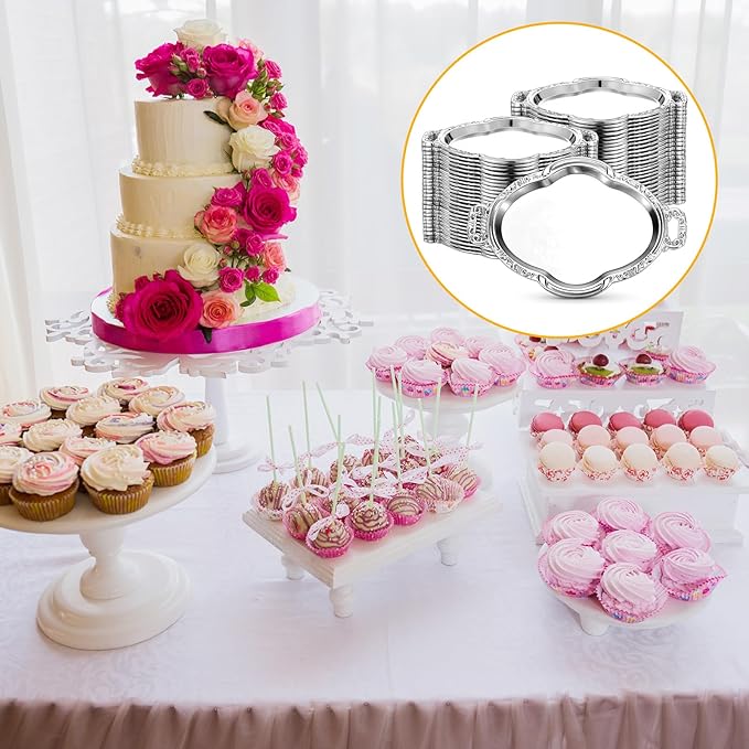 50 Pcs Oval Mini Baroque Dessert Display Tray Mini Elegant Plastic Serving Tray Small Cake Candy Plates for Weddings Party Bridal Baby Shower, Birthday, Candy Jars Decorations(Silver)