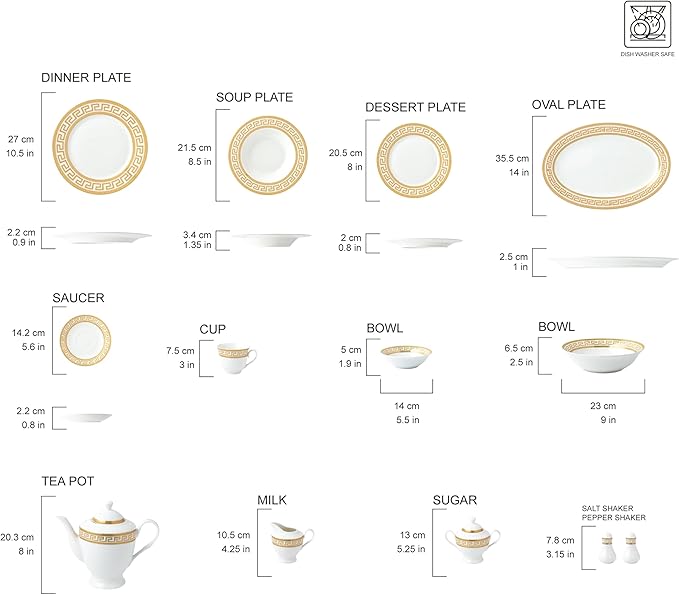 G1347-57G, 57-PCs Bone China Porcelain Dinnerware Set, Antique Greek Designed Tableware Set, Dining Table Setting for 8, Set of 57
