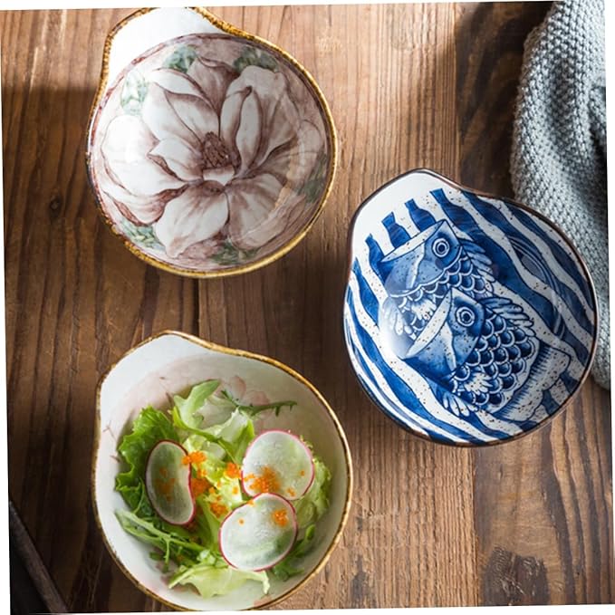 KICHOUSE 3pcs Ceramic Sauce Dipping Dish Set Hand-Painted Glazed Condiment Bowls Small Handle for Soy Sauce Vinegar and Appetizers Random Style