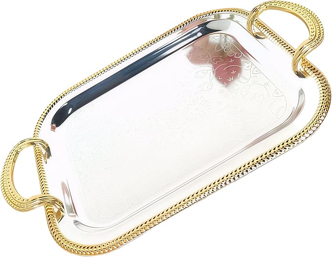 Rectangular Serving Tray Silver with Handles for Parties, Large Metal Tray for Serving Food and Drinks, European Style Tray