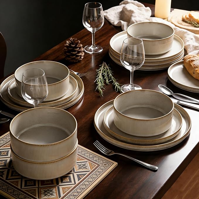 Stoneware Dinnerware Sets for 4, Stoneware Plates and Bowls Set, 12-Piece Ribbed Dishes – Chip & Scratch Resistant, Microwave and Dishwasher Safe Tableware, Warm White