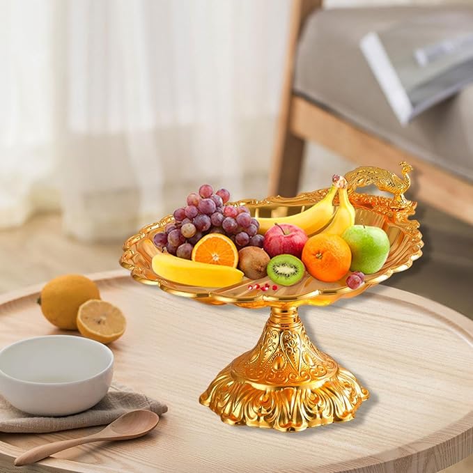 Fruit Plate Vegetable Holder with Base Decor Container Stand for Kitchen Counter Home Bread Snacks Serving Tray- Gold