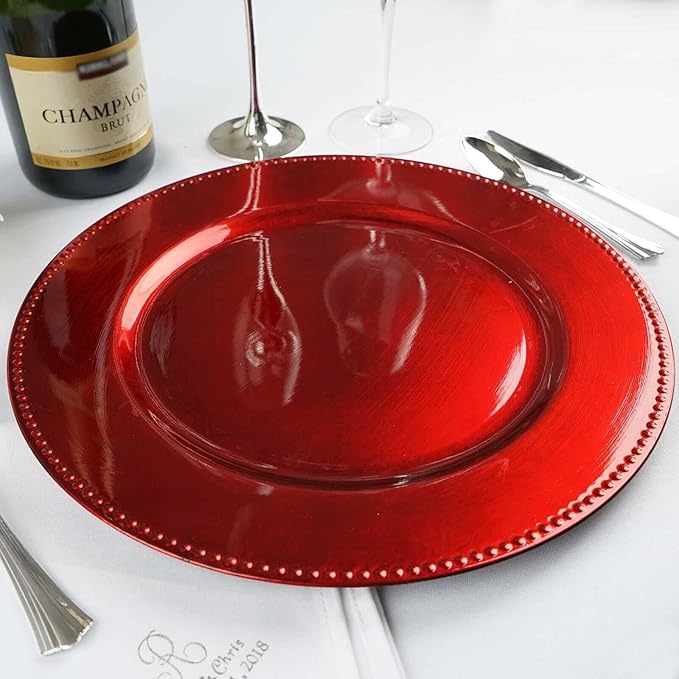 13" Charger Plates -Set of 12 - Acrylic Red Round Beaded Disposable Chargers, Ideal for Dinner Party Wedding Bulk Events Tabletop Decoration
