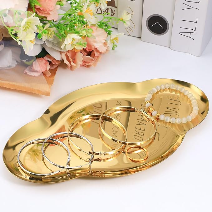 2Pcs Stainless Steel Jewelry Tray, 9in Cute Cloud Bathroom Decorative Tray Trinket Dish, Ring Dish Vanity Tray for Perfume Key Candle Aesthetic Room Decor (Gold)