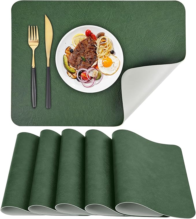 Faux Leather Placemats Set of 6, Vinyl Placemats Wipeable Waterproof Oil-Proof Table Mats, Heat Resistant Place Mats for Kitchen Indoor Outdoor, 16.9 x 11.8 Inch (Green/Grey)