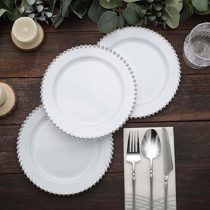 8" Salad Plates - Set of 30 - Plastic White/Silver Round Disposable Dessert Appetizer Plate Beaded Rim, Ideal for Dinner Party Wedding Bulk Events