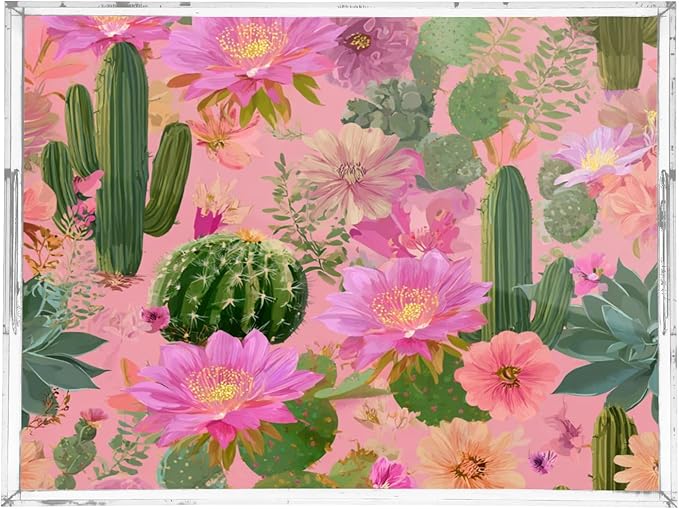 Serving Tray with Handles Clear Acrylic Tray 12x16 Inch Decorative Rectangular Tray Organizer for Ottoman Coffee Table Bathroom Cacti Succulents and Bright Pink Flowers