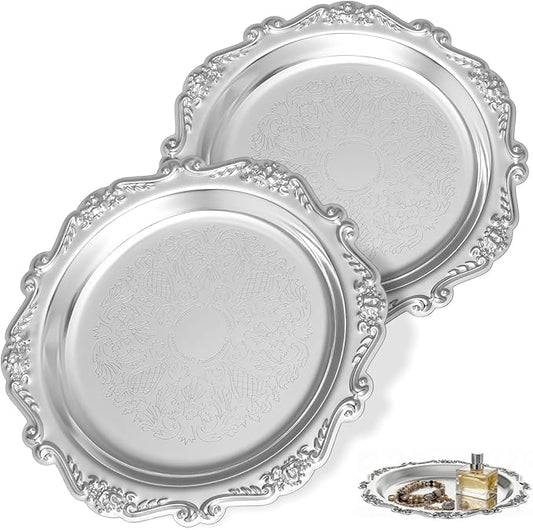 Cabilock 2pcs Retro Decorative Serving Tray, 5.90 Inch Round Vintage Metal Dessert Plates, Coffee Table Tray, Party Serving Platters Home Decor for Snacks Fruit Jewelry, Silver