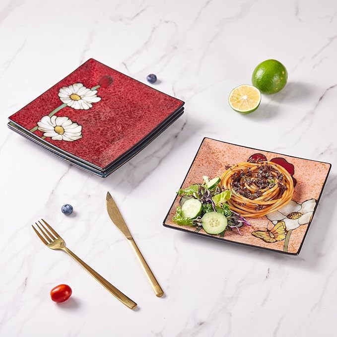 Porcelain Square Dessert Salad Pasta Plates 7.5 inches ceramic plates set of 4 Stackable Dinner Plates for Steak, Pasta, Salad, Snacks, Dessert，Microwave and Dishwasher Safe (Multicolor A, 7.5 Inch)