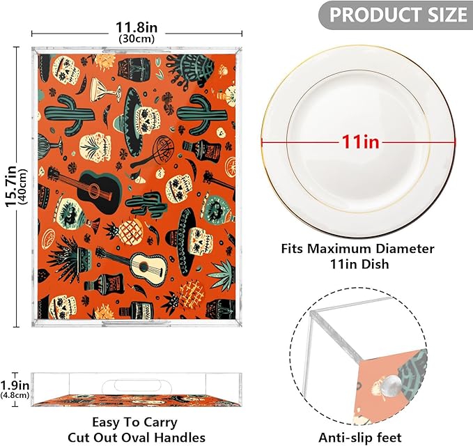 Serving Tray with Handles Clear Acrylic Tray 12x16 Inch Decorative Rectangular Tray Organizer for Ottoman Coffee Table Bathroom Deep Orange Day of The Dead Skull Cactus