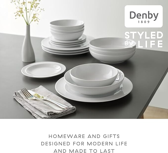Denby - White By Denby Dinner Set For 4-12 Piece Tableware Set - Fine Porcelain Dinnerware Set - Dishwasher Microwave Oven Safe, Scratch Resistant - 4 x Dinner Plates, Small Plates & Cereal Bowls