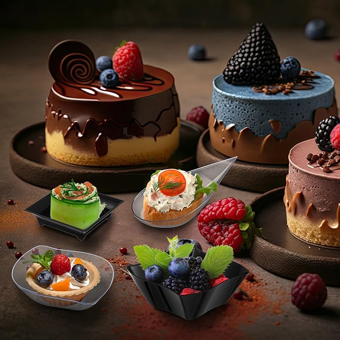 Tessco for you 200 Pcs Mini Appetizer Plates with Spoons Forks Disposable Mini Dessert Plates Plastic Appetizer Bowls Tiny Individual Serving Trays for Party (Black, Clear,Classic)