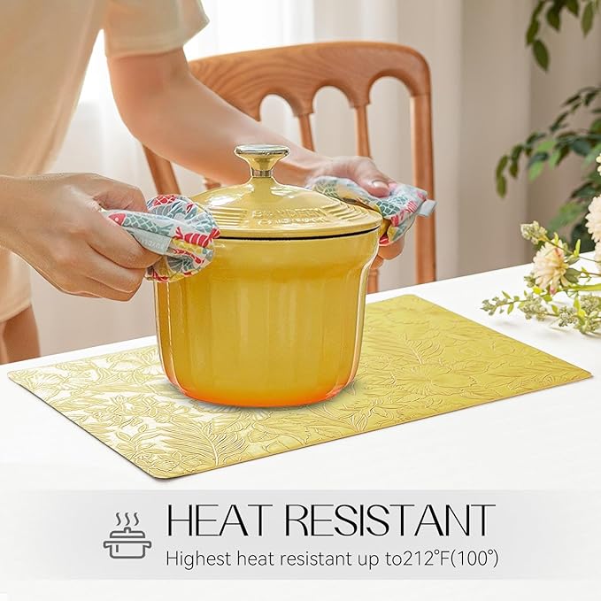 Romanstile Vinyl Placemats Set of 6-12 X 17 Inch - Heat Resistant Non-Slip Embossed Floral Place Mats 100% Waterproof Oilproof Wipeable Faux Leather Table Mats for Kitchen/Dining/Party, Yellow