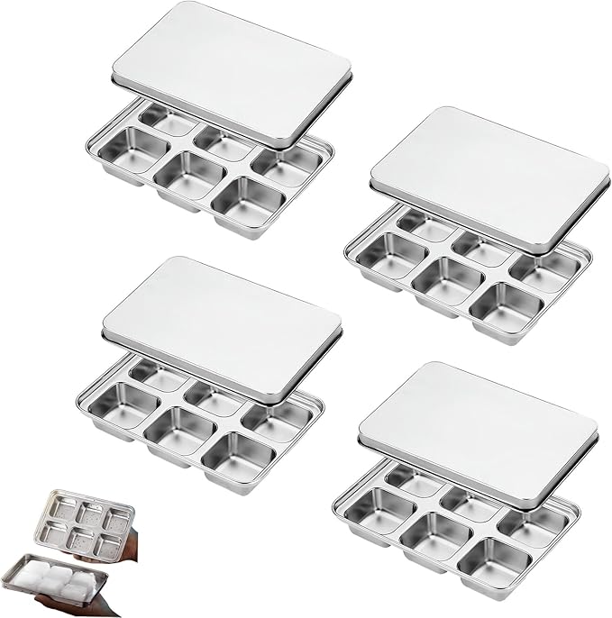 Stainless Steel Ice Cube Trays with Lid, Easy Release Durable Metal Ice Mold for Freezer, Ideal for Whiskey, Cocktails & Drinks (4 Pack)