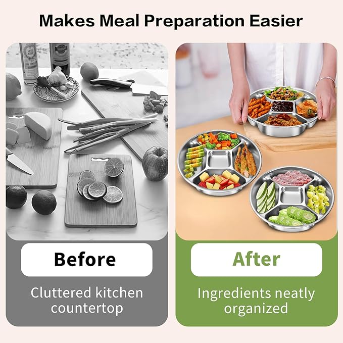 Stainless Steel Divided Dinner Plate 8'' Reusable Portion Control Plate - Metal Separated Plates & Lunch Dinner Plates Set - Round Serving Platter, BPA-Free Microwave-Safe for Meal Prep, Work & Family