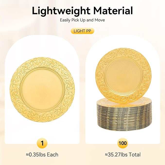 100Pcs Round Charger Plates, 13 Inch Reusable Serving Plates with Embossed Rim, Elegant Decorative Flower Relief Carving Chargers, Charger Plates Bulk for Wedding Party Event Decoration (Gold)