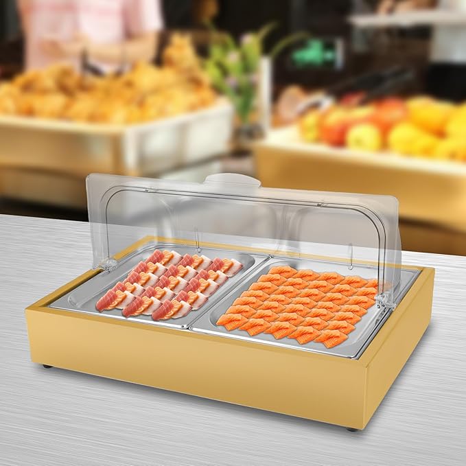 Ice Food Serving Tray, Stainless Steel Food Serving Container with Clear Roll Top Cover, Cold Buffet Platter Cooler Chiller, Food Display Plate for Seafood Fruit Desserts Party